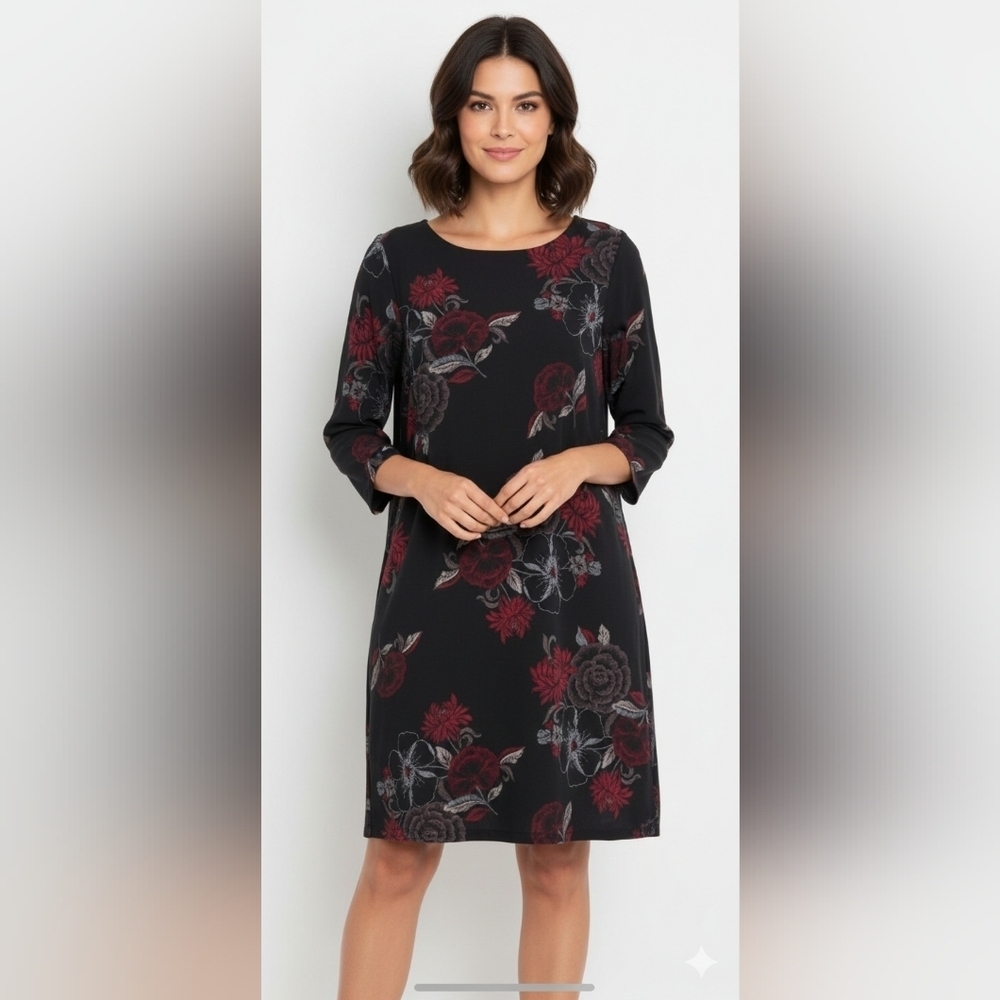Maurices Size 1 (16/18) Black With Red Floral A-line Dress with Bishop Sleeves